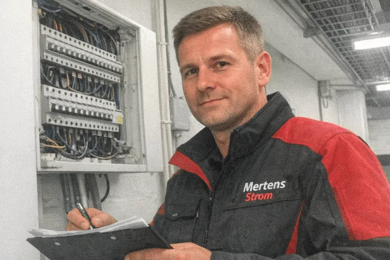 Erfahrener Elektrotechniker von Mertens Strom bei der Überprüfung einer Installation